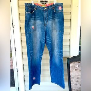 Mens Meezan Art Couture Denim Blue Jeans Sz 42x35.5” Embroidered Details